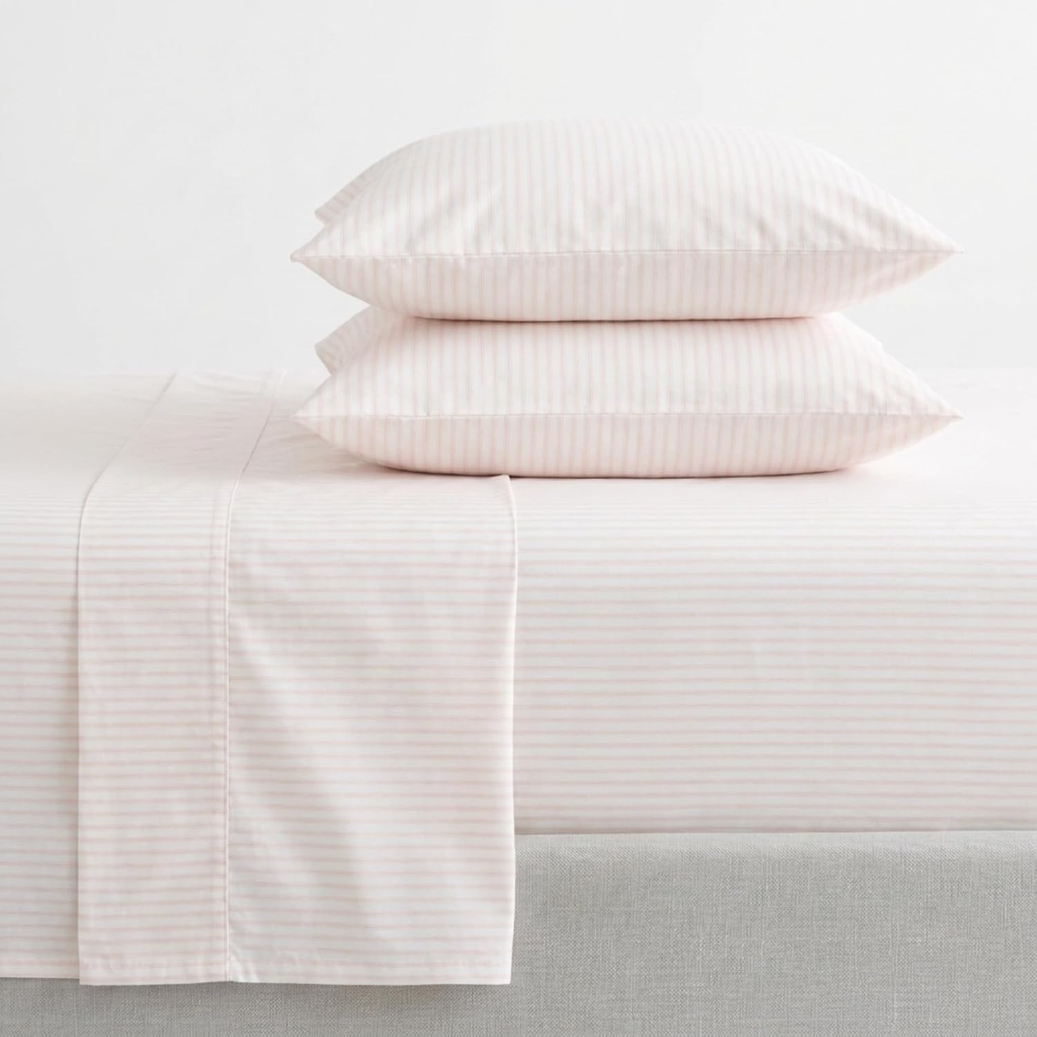 image:imageMartha Stewart Full Sheet Set with Fitted Sheet amp Pillowcases Cotton Percale Bedding with a Smooth Feel Deep Pocket Gingham BrownTicking Stripe Pink