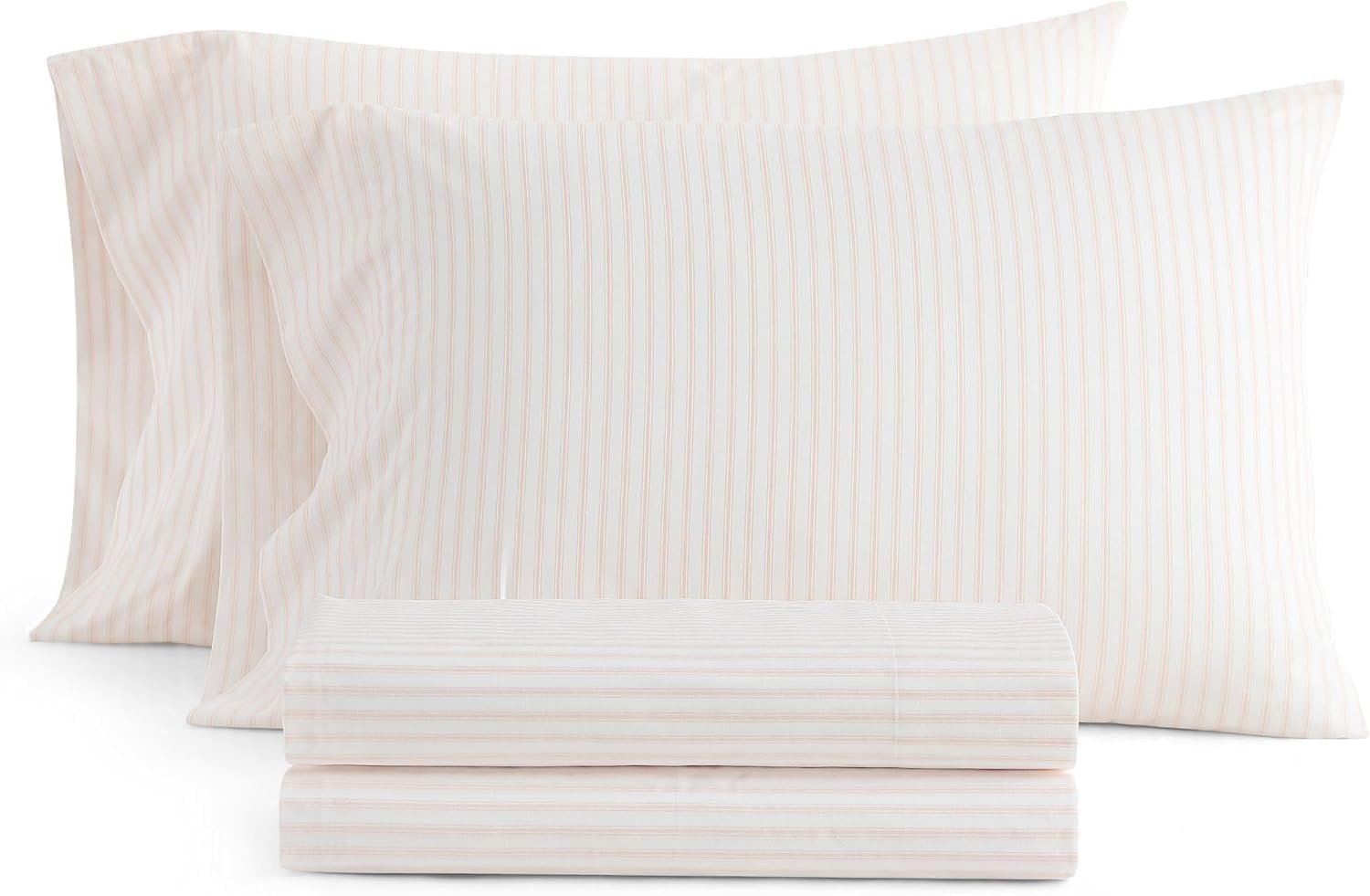 image:imageMartha Stewart Full Sheet Set with Fitted Sheet amp Pillowcases Cotton Percale Bedding with a Smooth Feel Deep Pocket Gingham BrownTicking Stripe Pink