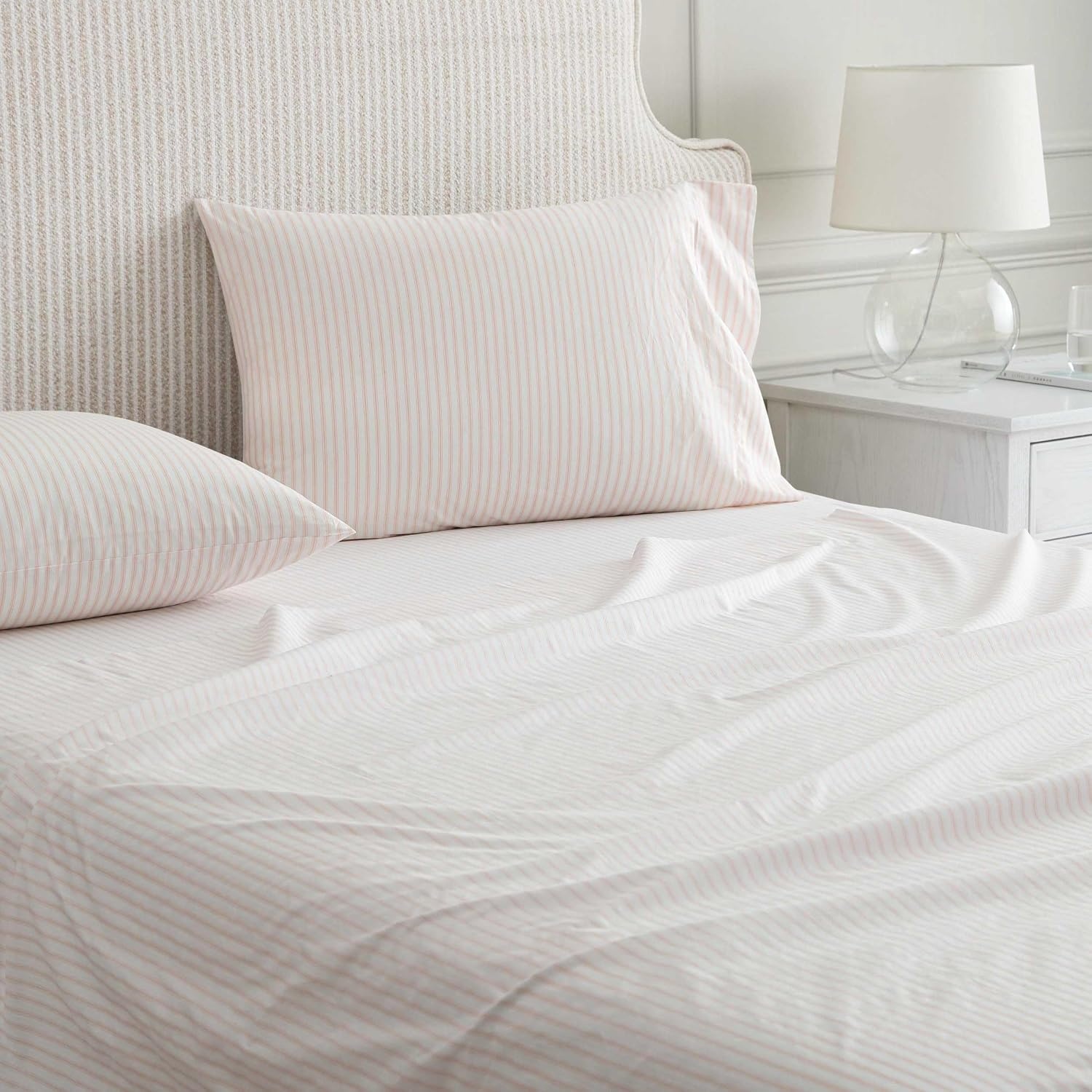 image:imageMartha Stewart Full Sheet Set with Fitted Sheet amp Pillowcases Cotton Percale Bedding with a Smooth Feel Deep Pocket Gingham BrownTicking Stripe Pink