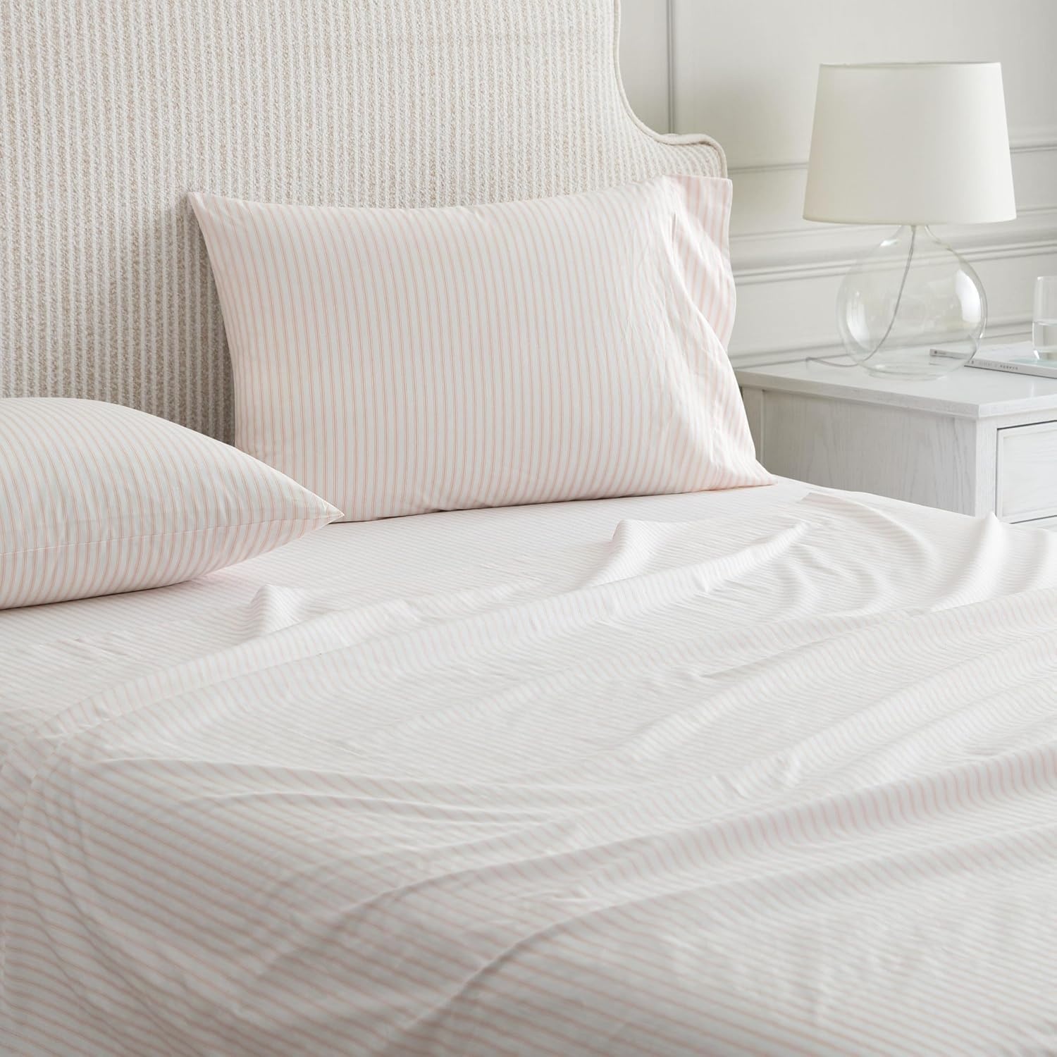 image:imageMartha Stewart Full Sheet Set with Fitted Sheet amp Pillowcases Cotton Percale Bedding with a Smooth Feel Deep Pocket Gingham BrownTicking Stripe Pink