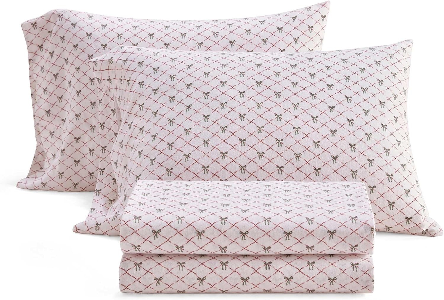 image:imageMartha Stewart Full Sheet Set with Fitted Sheet amp Pillowcases Soft Cotton Flannel Bedding Deep Pocket Ticking Stripe BlueHoliday Bows Red