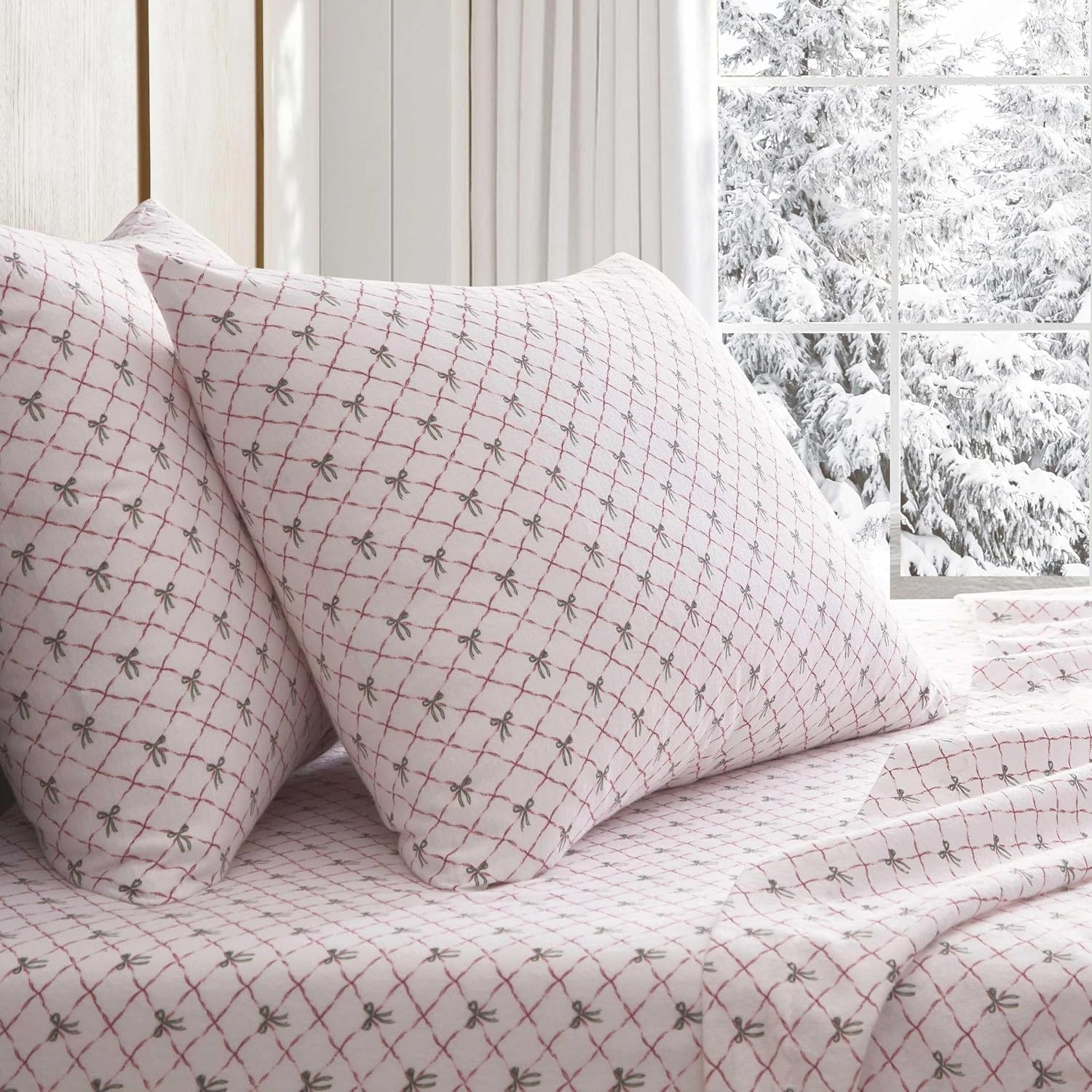 image:imageMartha Stewart Full Sheet Set with Fitted Sheet amp Pillowcases Soft Cotton Flannel Bedding Deep Pocket Ticking Stripe BlueHoliday Bows Red