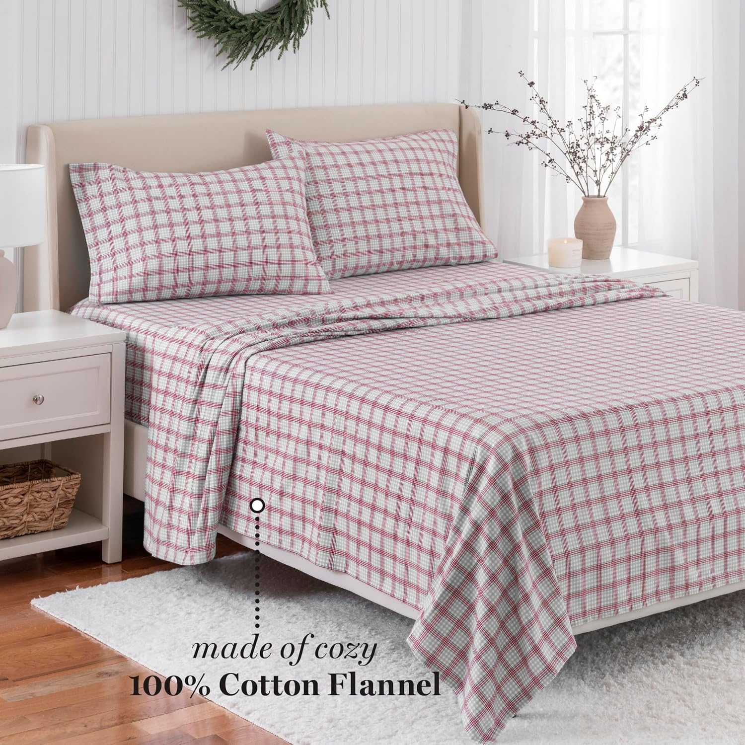 image:imageMartha Stewart Full Sheet Set with Fitted Sheet amp Pillowcases Soft Cotton Flannel Bedding Deep Pocket Ticking Stripe BlueHoliday Lodge Plaid RedGrey