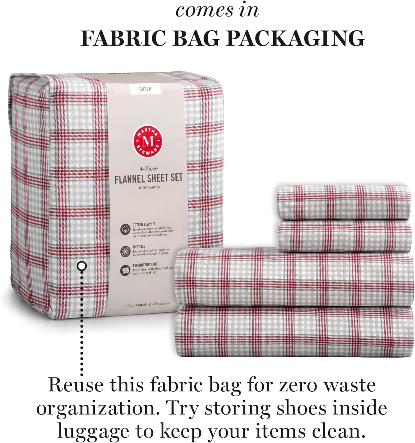 image:imageMartha Stewart Full Sheet Set with Fitted Sheet amp Pillowcases Soft Cotton Flannel Bedding Deep Pocket Ticking Stripe BlueHoliday Lodge Plaid RedGrey