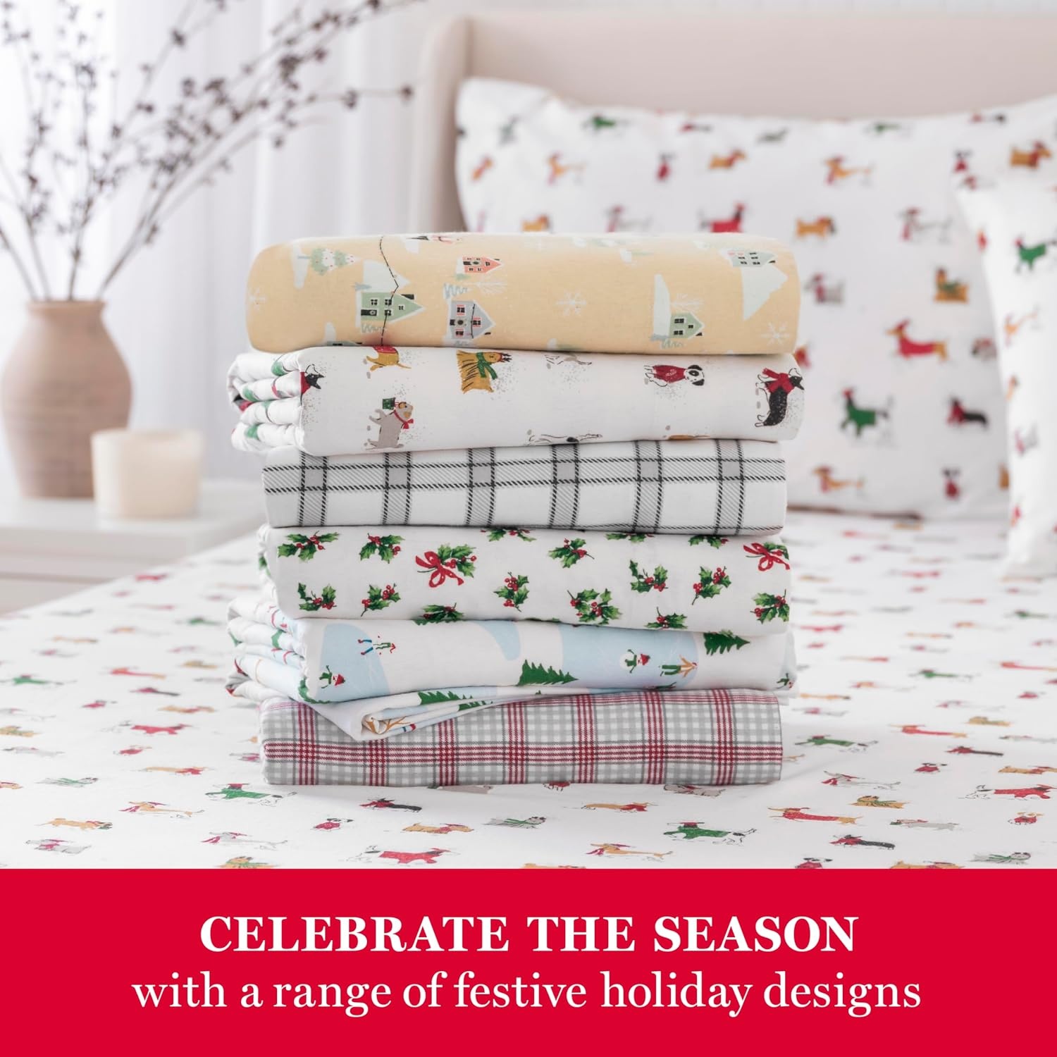 image:imageMartha Stewart Full Sheet Set with Fitted Sheet amp Pillowcases Soft Cotton Flannel Bedding Deep Pocket Ticking Stripe BlueHoliday Winter Wonderland Santa Claus