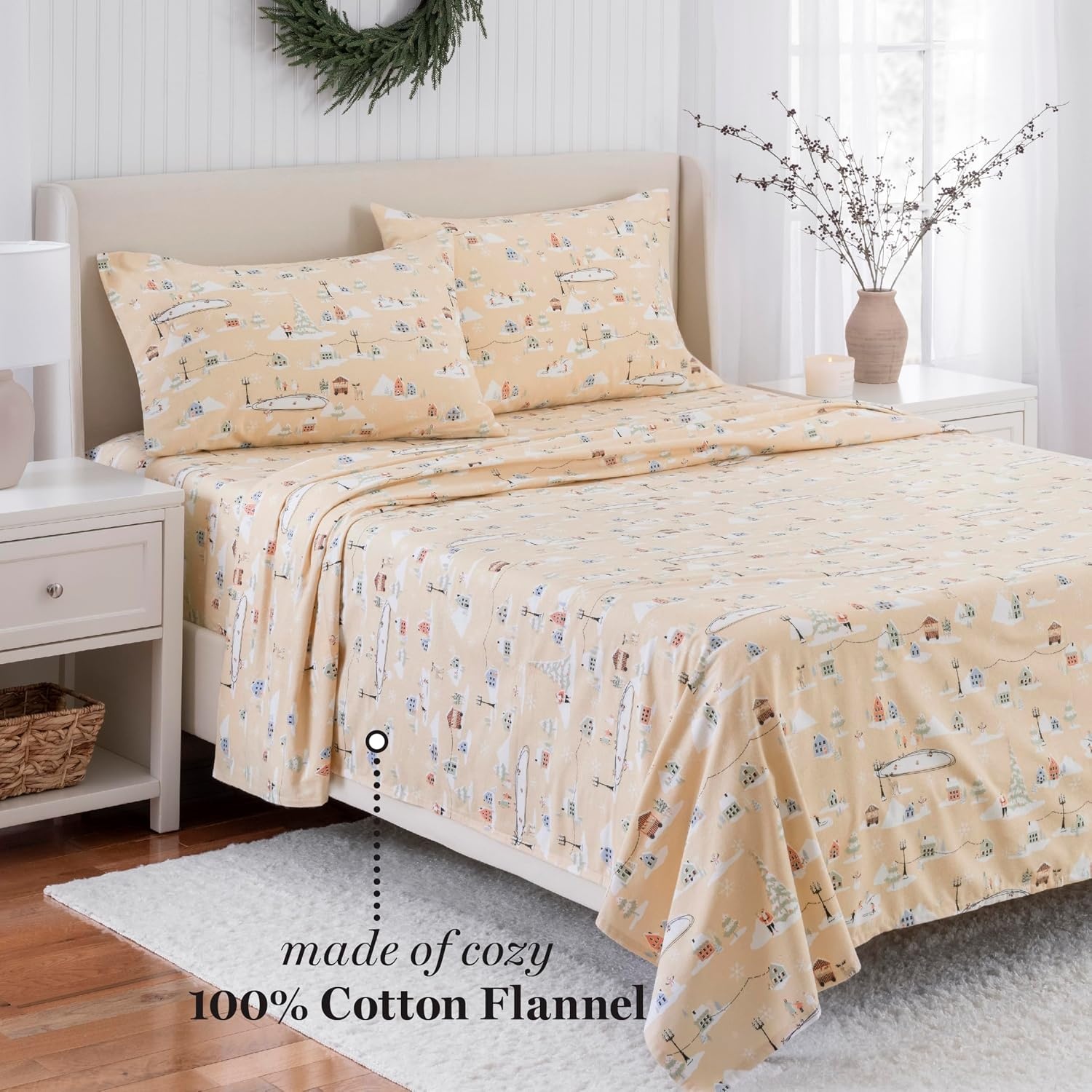 image:imageMartha Stewart Full Sheet Set with Fitted Sheet amp Pillowcases Soft Cotton Flannel Bedding Deep Pocket Ticking Stripe BlueHoliday Winter Wonderland Santa Claus