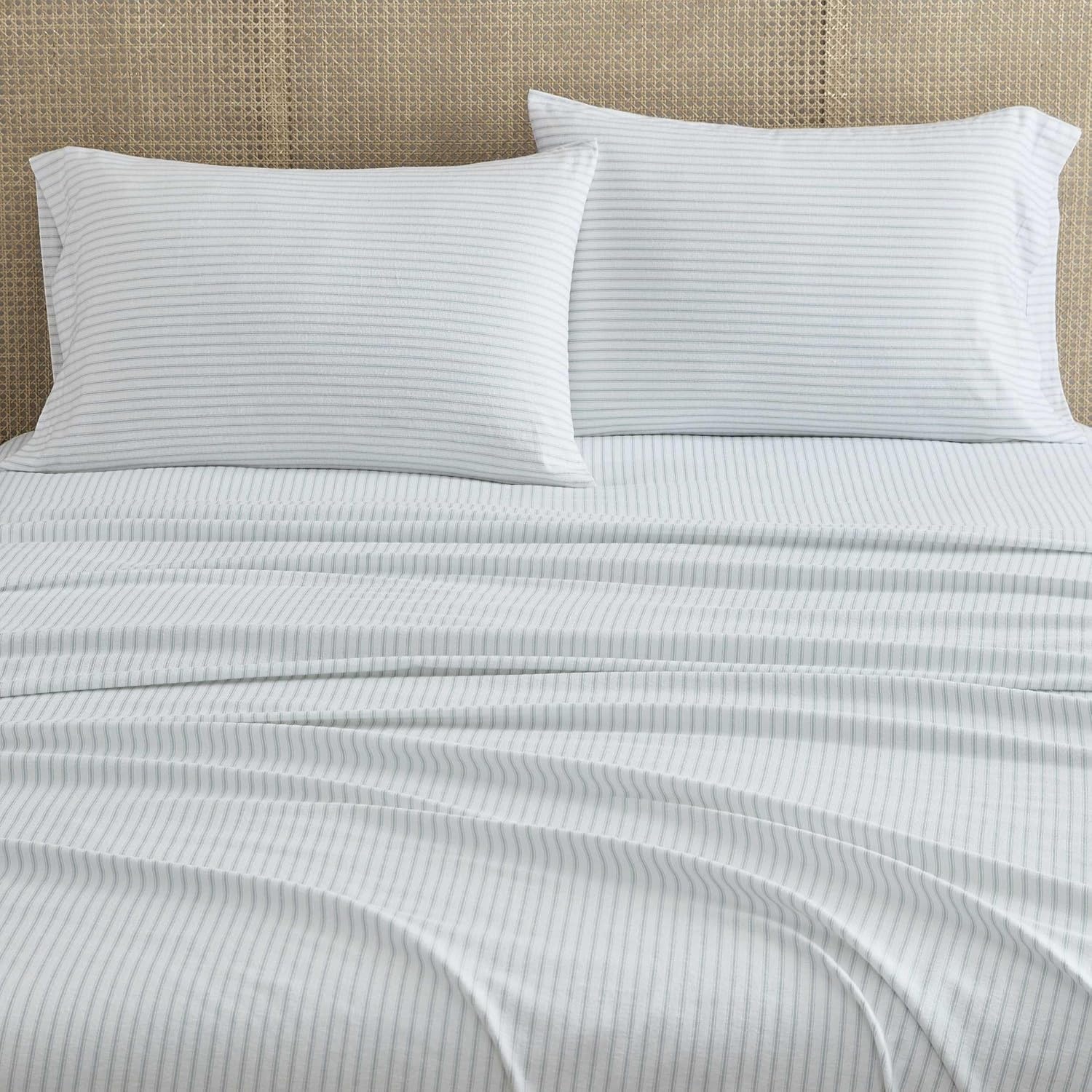 image:imageMartha Stewart Full Sheet Set with Fitted Sheet amp Pillowcases Soft Cotton Flannel Bedding Deep Pocket Ticking Stripe BlueTicking Stripe Blue