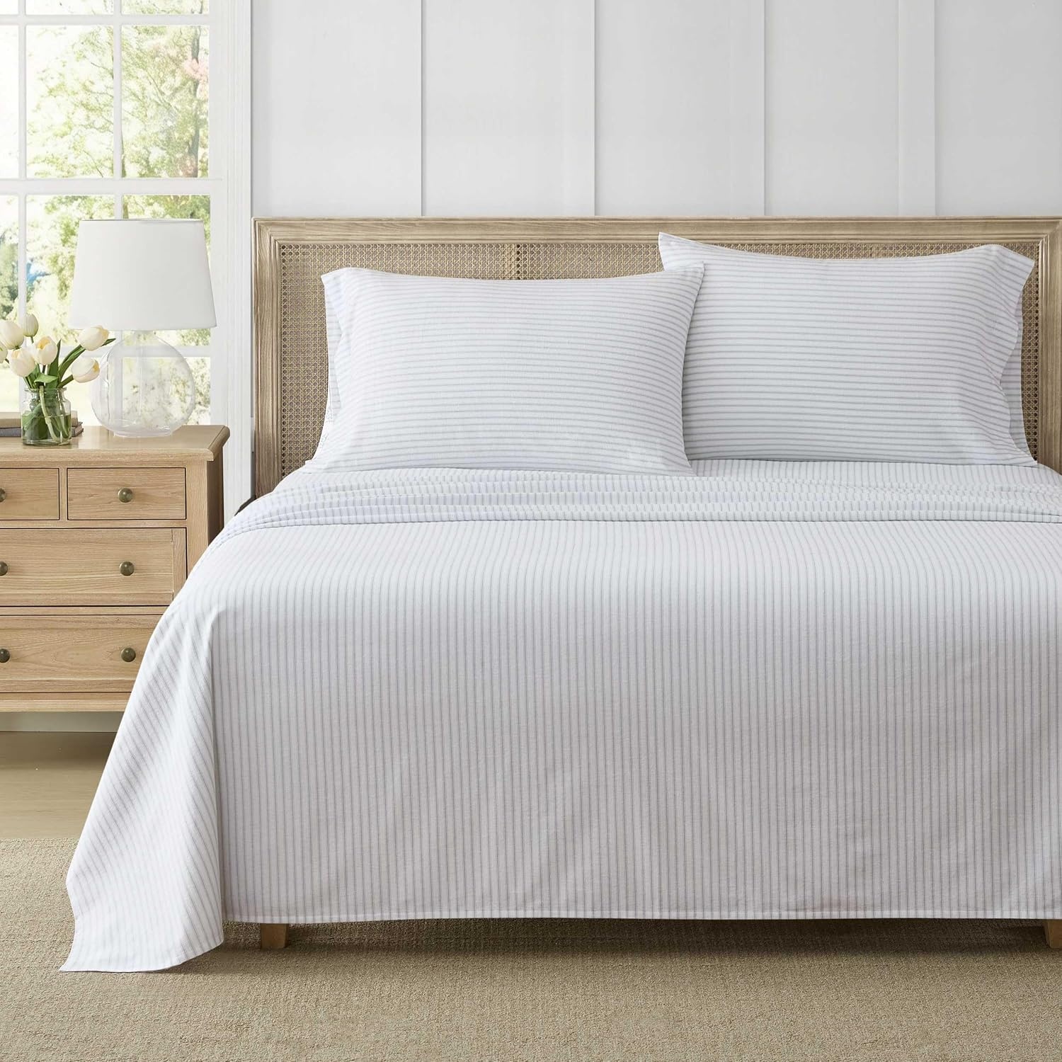 image:imageMartha Stewart Full Sheet Set with Fitted Sheet amp Pillowcases Soft Cotton Flannel Bedding Deep Pocket Ticking Stripe BlueTicking Stripe Blue