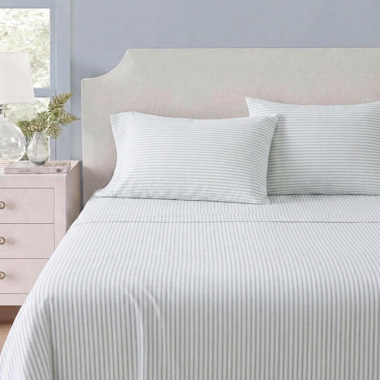 image:imageMartha Stewart Full Sheet Set with Fitted Sheet amp Pillowcases Soft Cotton Flannel Bedding Deep Pocket Ticking Stripe BlueTicking Stripe Blue