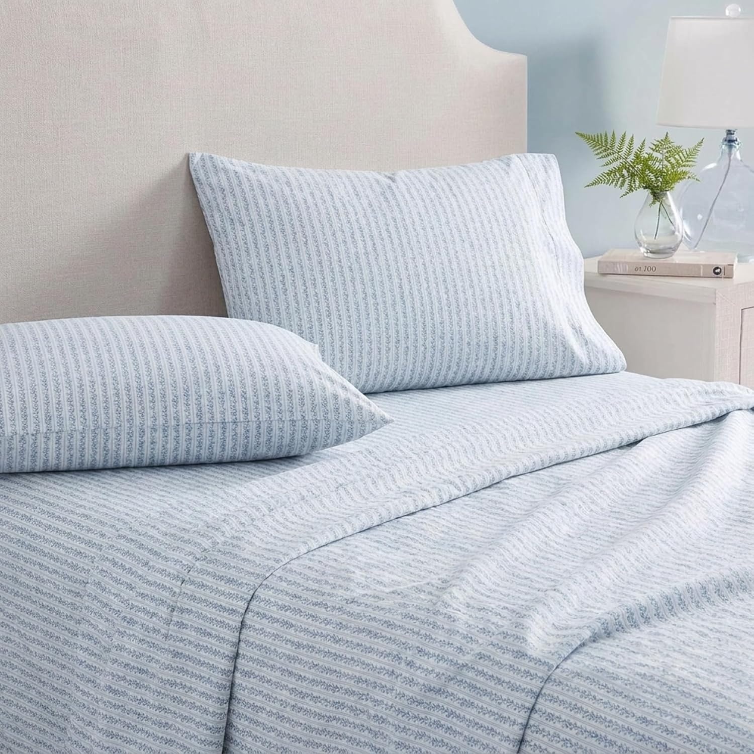 image:imageMartha Stewart Full Sheet Set with Fitted Sheet amp Pillowcases Soft amp Lightweight Bedding Deep Pocket Blooming Stripe BlueBlooming Stripe Blue