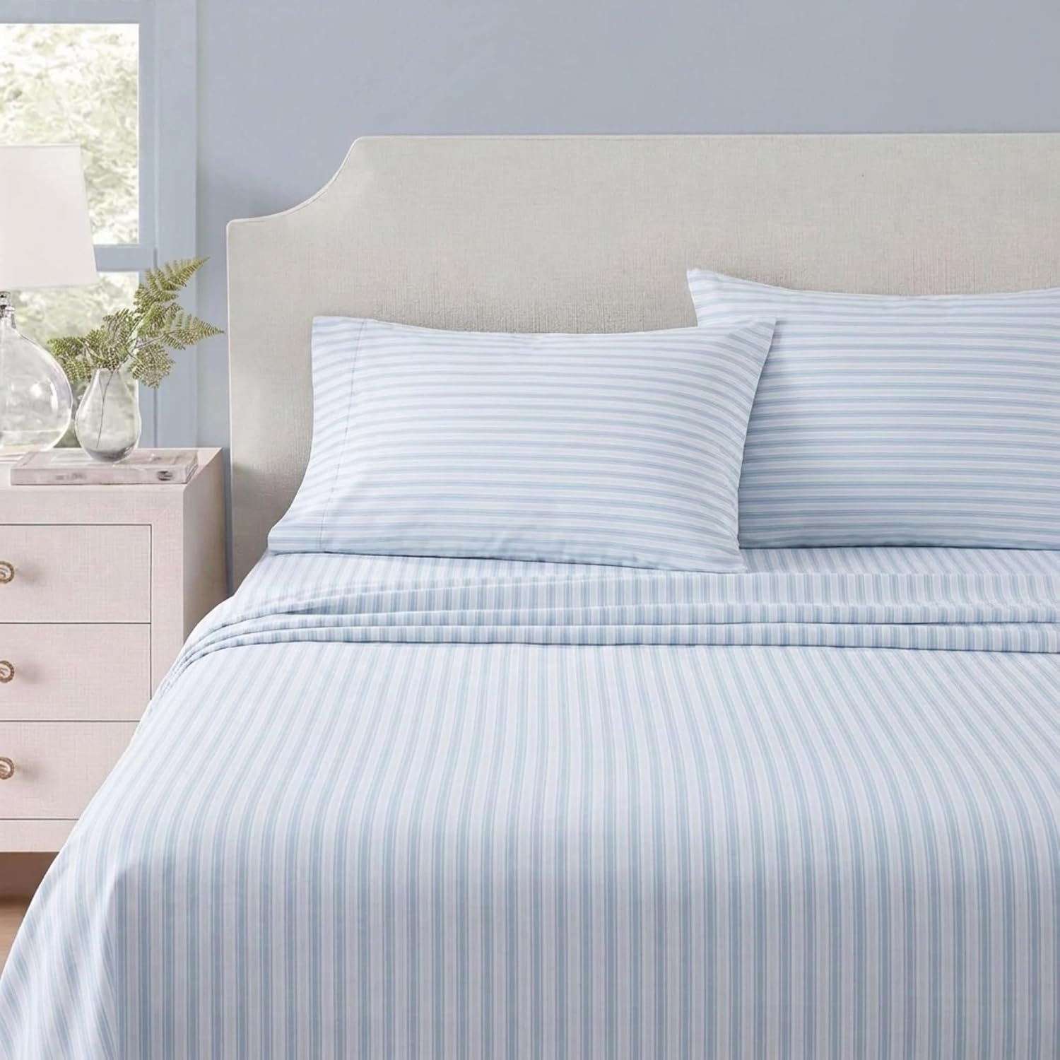 image:imageMartha Stewart Full Sheet Set with Fitted Sheet amp Pillowcases Soft amp Lightweight Bedding Deep Pocket Blooming Stripe BlueTate Stripe Blue