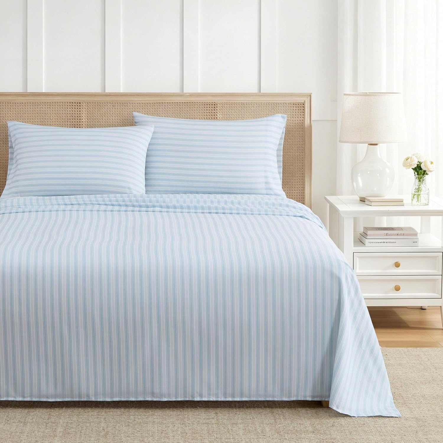 image:imageMartha Stewart Full Sheet Set with Fitted Sheet amp Pillowcases Soft amp Lightweight Bedding Deep Pocket Blooming Stripe BlueTate Stripe Blue
