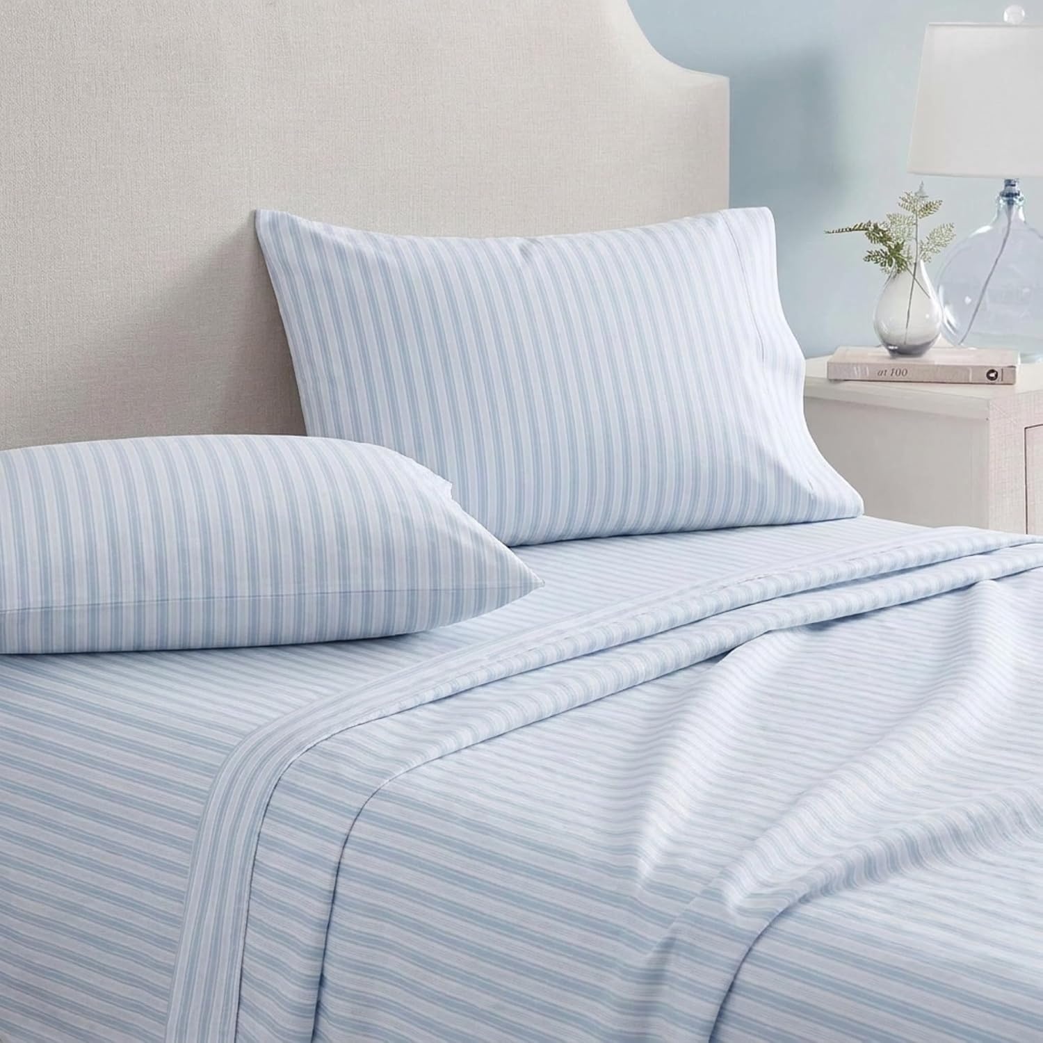 image:imageMartha Stewart Full Sheet Set with Fitted Sheet amp Pillowcases Soft amp Lightweight Bedding Deep Pocket Blooming Stripe BlueTate Stripe Blue