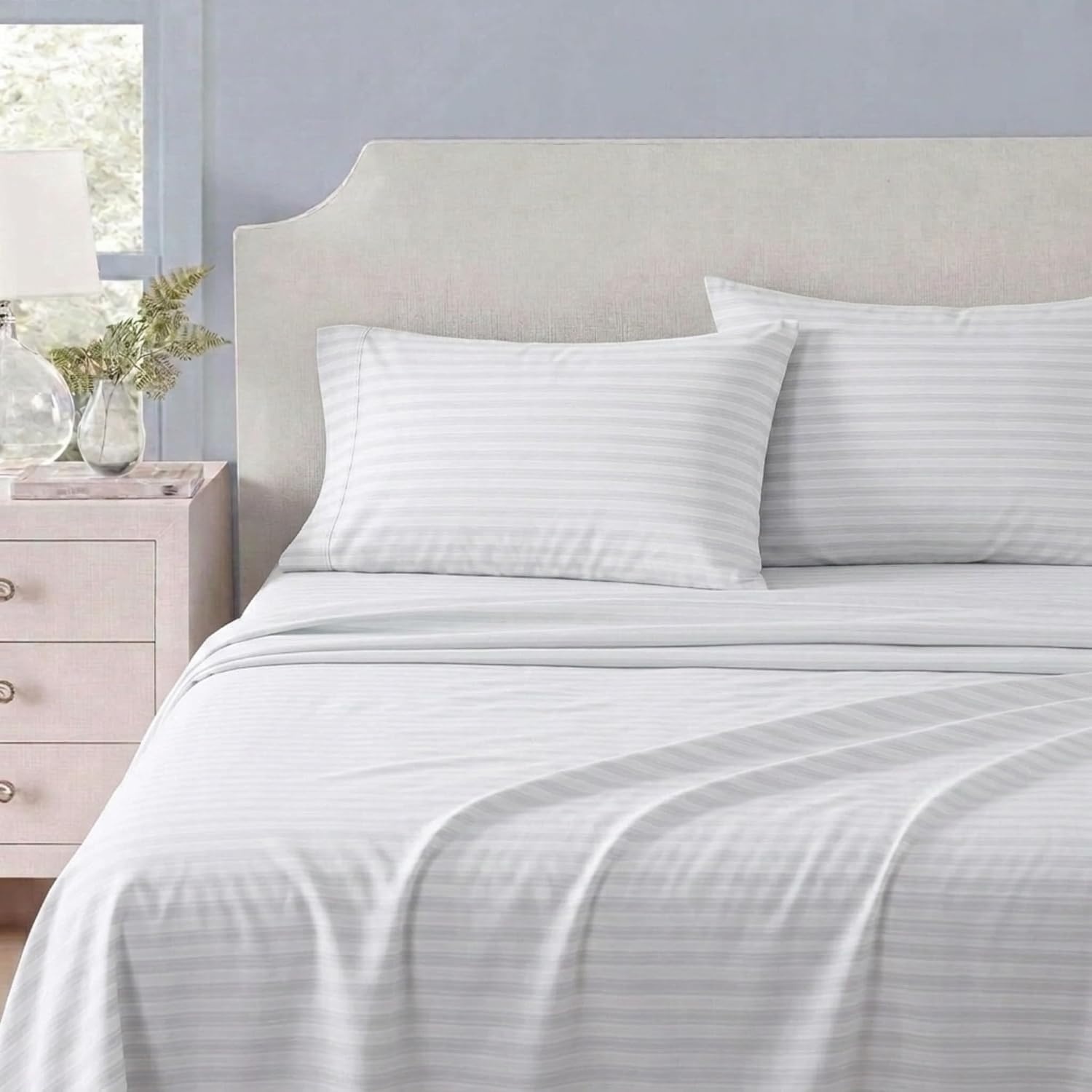 image:imageMartha Stewart Full Sheet Set with Fitted Sheet amp Pillowcases Soft amp Lightweight Bedding Deep Pocket Blooming Stripe BlueTate Stripe Grey