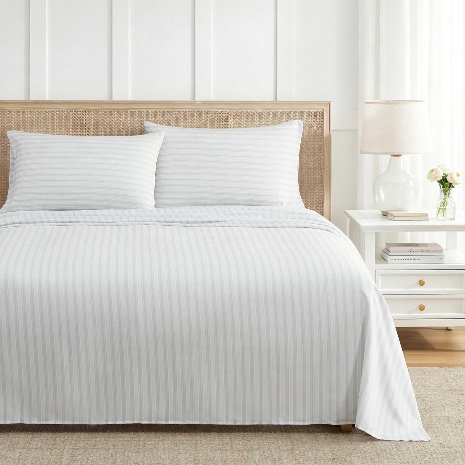 image:imageMartha Stewart Full Sheet Set with Fitted Sheet amp Pillowcases Soft amp Lightweight Bedding Deep Pocket Blooming Stripe BlueTate Stripe Grey