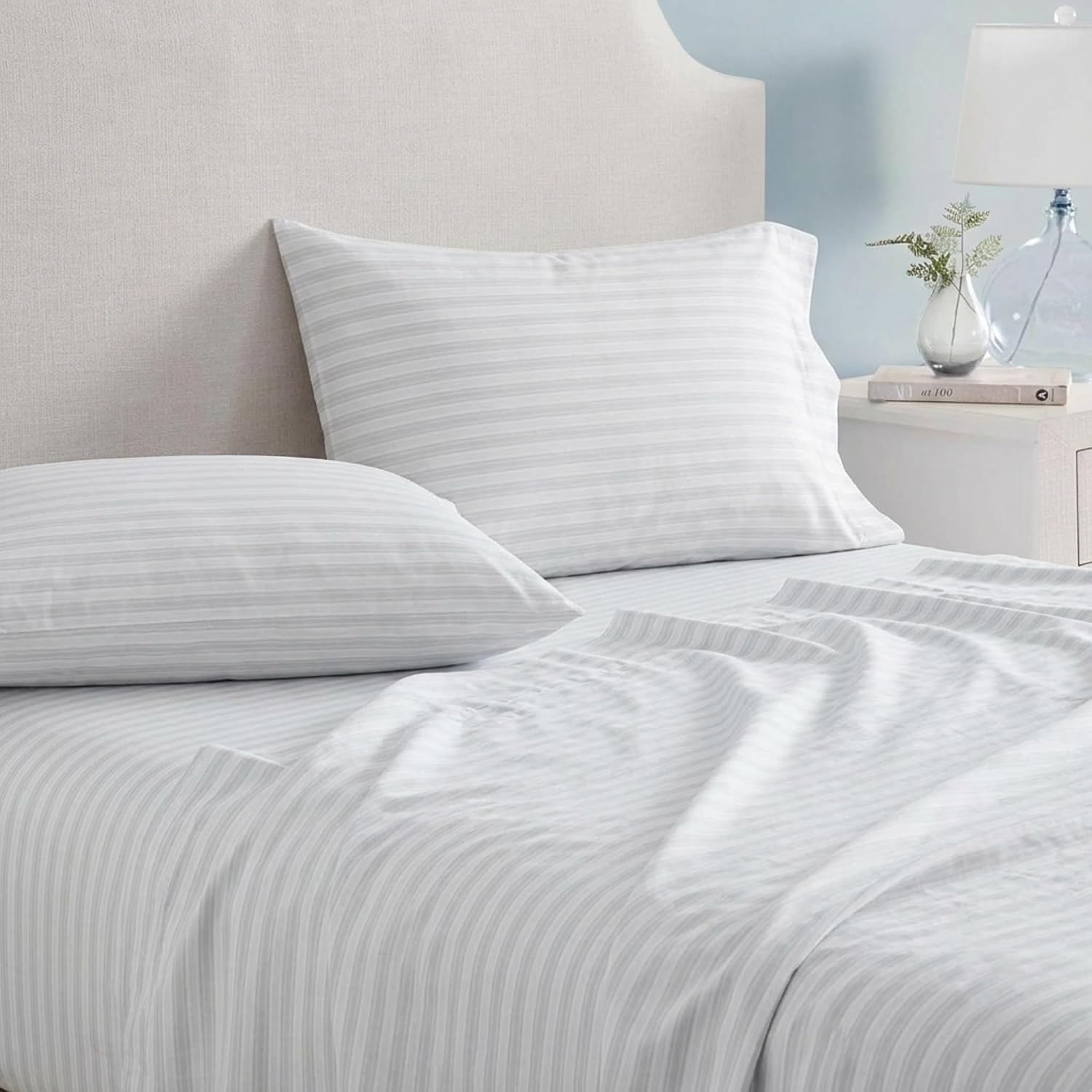image:imageMartha Stewart Full Sheet Set with Fitted Sheet amp Pillowcases Soft amp Lightweight Bedding Deep Pocket Blooming Stripe BlueTate Stripe Grey