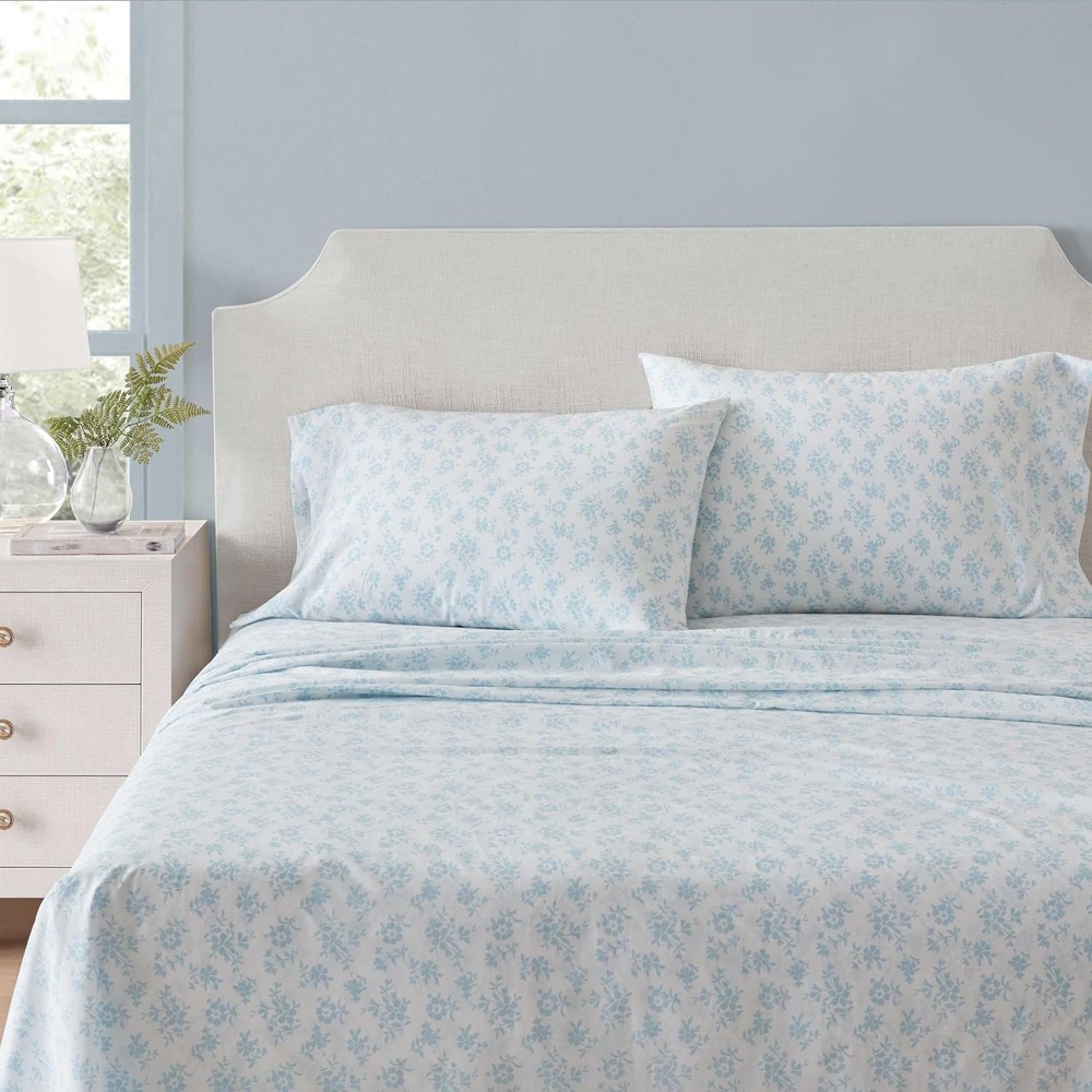 image:imageMartha Stewart Full Sheet Set with Fitted Sheet amp Pillowcases Cotton Percale Bedding with a Smooth Feel Deep Pocket Gingham BrownFloral Blue