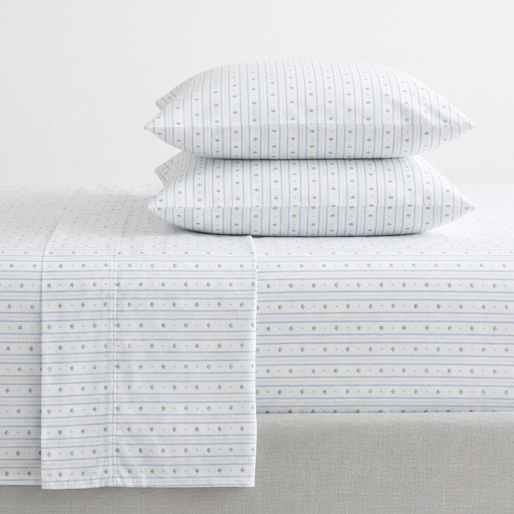 image:imageMartha Stewart Full Sheet Set with Fitted Sheet amp Pillowcases Cotton Percale Bedding with a Smooth Feel Deep Pocket Gingham BrownFloral Stripe Blue