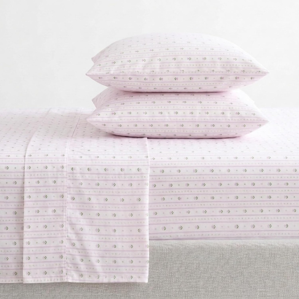 image:imageMartha Stewart Full Sheet Set with Fitted Sheet amp Pillowcases Cotton Percale Bedding with a Smooth Feel Deep Pocket Gingham BrownFloral Stripe Pink