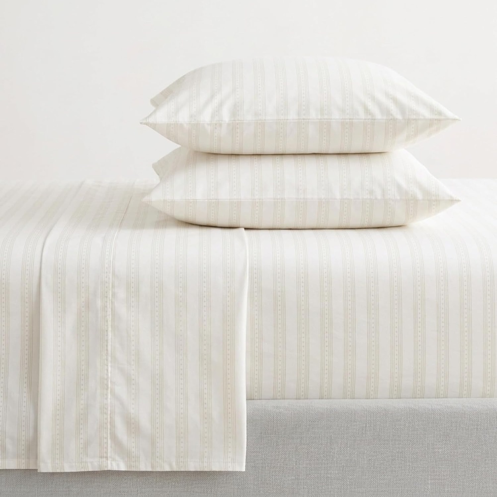 image:imageMartha Stewart Full Sheet Set with Fitted Sheet amp Pillowcases Cotton Percale Bedding with a Smooth Feel Deep Pocket Gingham BrownFrancesca Stripe Beige