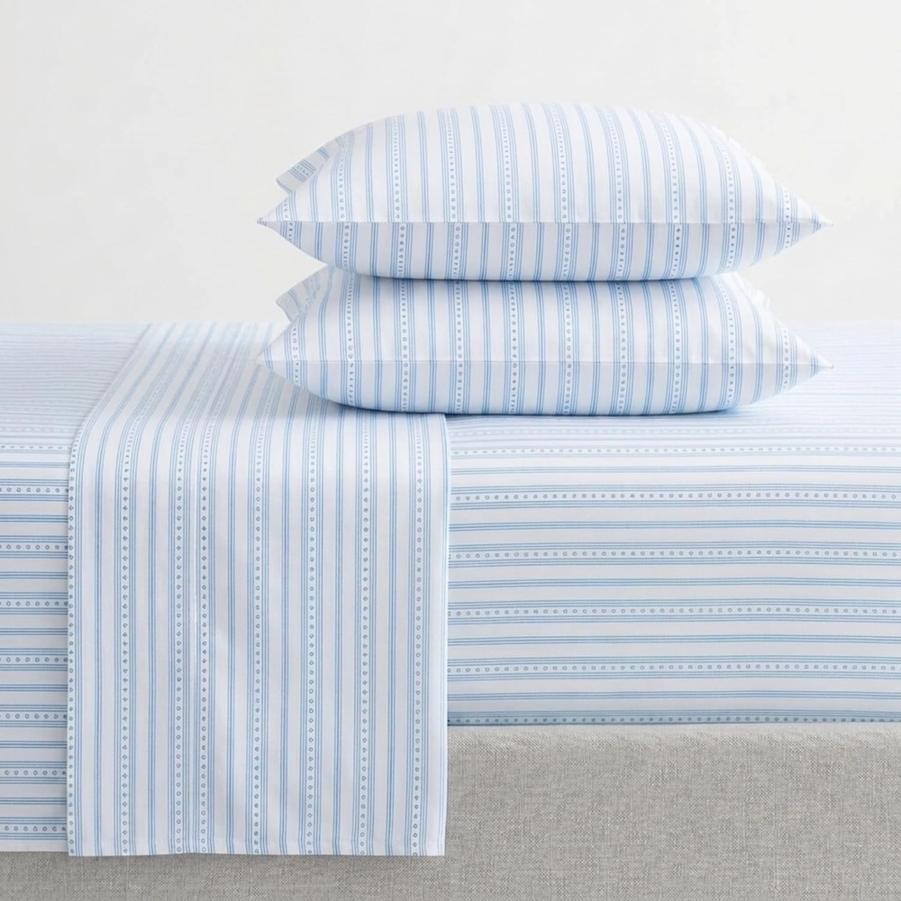 image:imageMartha Stewart Full Sheet Set with Fitted Sheet amp Pillowcases Cotton Percale Bedding with a Smooth Feel Deep Pocket Gingham BrownFrancesca Stripe Blue