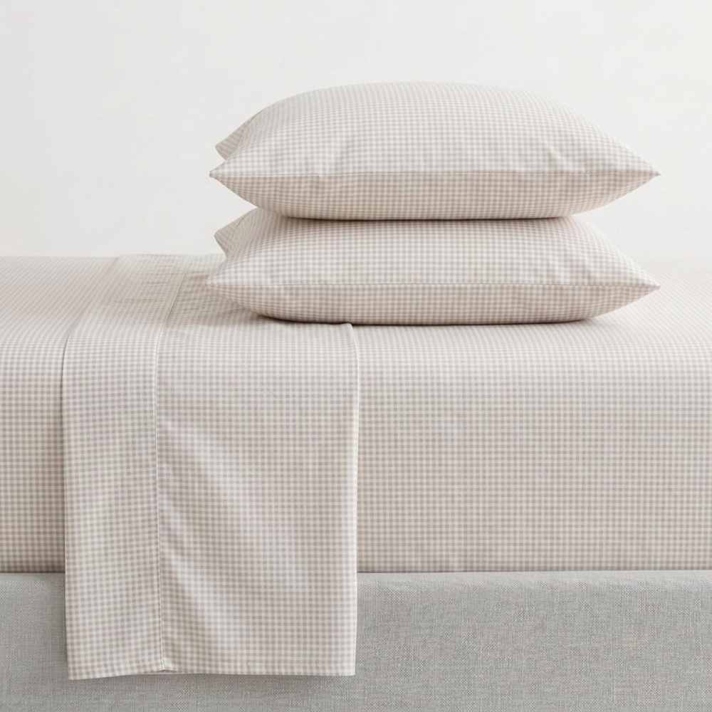 image:imageMartha Stewart Full Sheet Set with Fitted Sheet amp Pillowcases Cotton Percale Bedding with a Smooth Feel Deep Pocket Gingham BrownGingham Beige