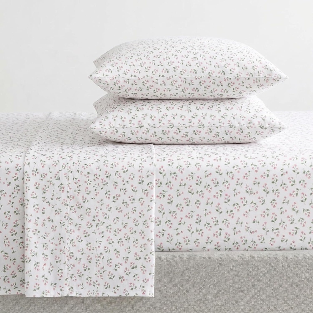 image:imageMartha Stewart Full Sheet Set with Fitted Sheet amp Pillowcases Cotton Percale Bedding with a Smooth Feel Deep Pocket Gingham BrownKennedy Floral Pink