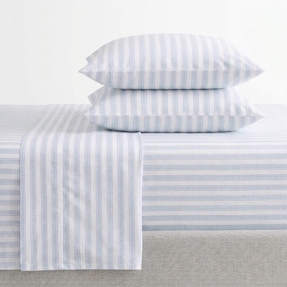 image:imageMartha Stewart Full Sheet Set with Fitted Sheet amp Pillowcases Cotton Percale Bedding with a Smooth Feel Deep Pocket Gingham BrownLeaf Stripe Blue