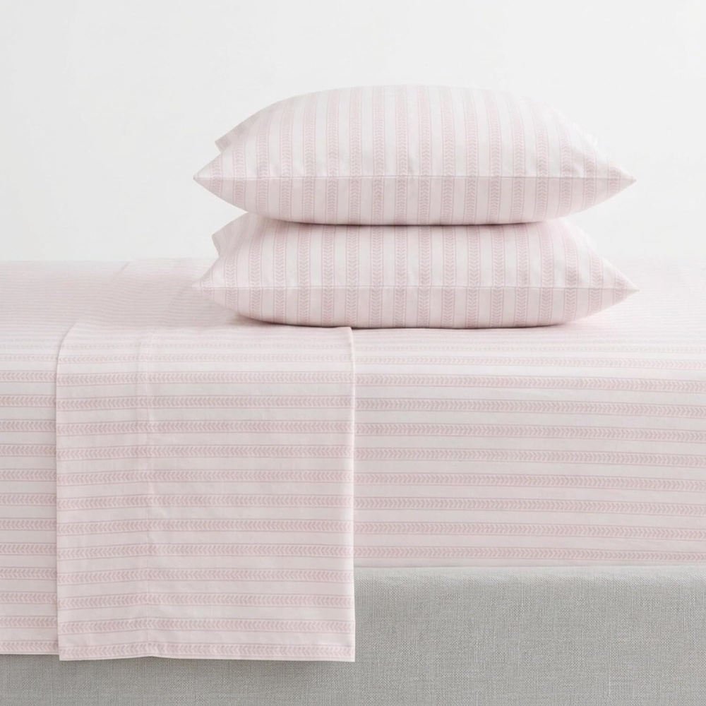 image:imageMartha Stewart Full Sheet Set with Fitted Sheet amp Pillowcases Cotton Percale Bedding with a Smooth Feel Deep Pocket Gingham BrownLeaf Stripe Pink