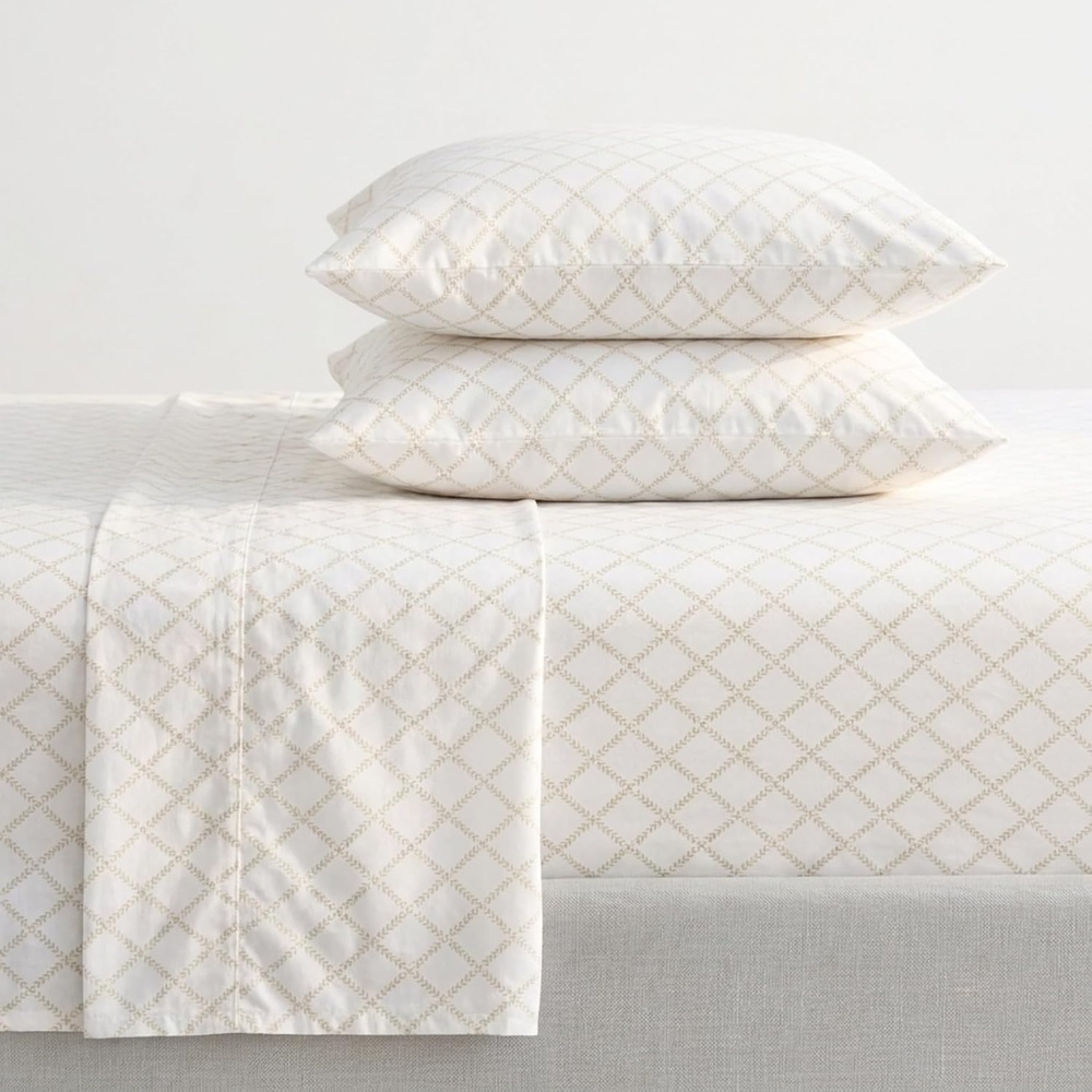 image:imageMartha Stewart Full Sheet Set with Fitted Sheet amp Pillowcases Cotton Percale Bedding with a Smooth Feel Deep Pocket Gingham BrownLeaf Trellis Beige
