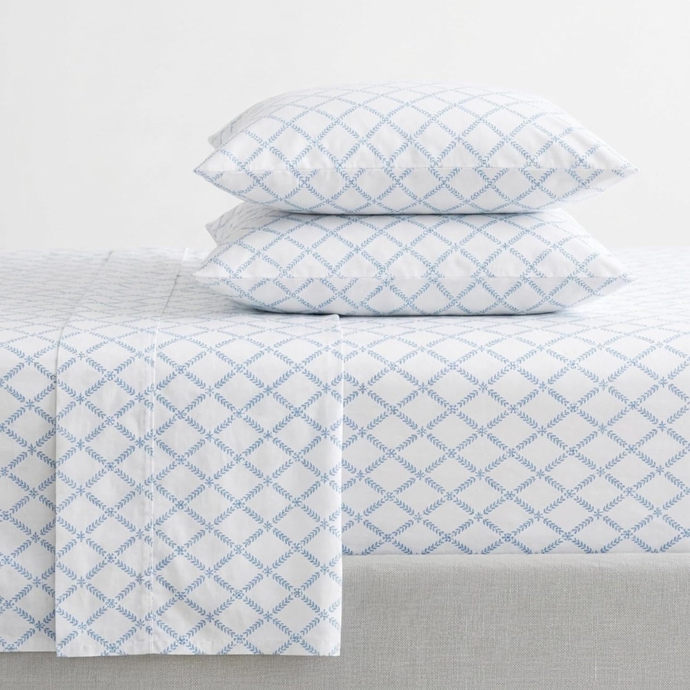 image:imageMartha Stewart Full Sheet Set with Fitted Sheet amp Pillowcases Cotton Percale Bedding with a Smooth Feel Deep Pocket Gingham BrownLeaf Trellis Blue