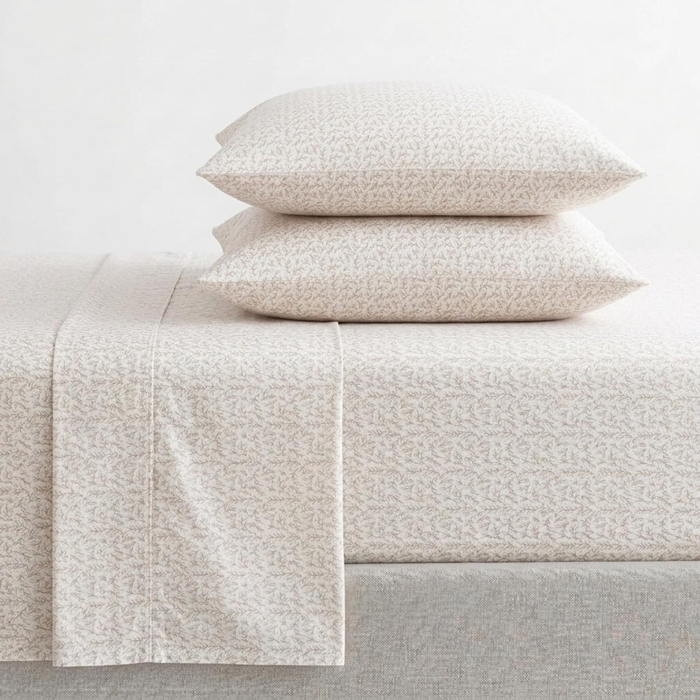 image:imageMartha Stewart Full Sheet Set with Fitted Sheet amp Pillowcases Cotton Percale Bedding with a Smooth Feel Deep Pocket Gingham BrownLeaves Beige
