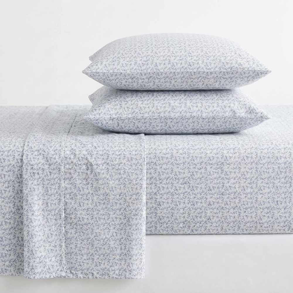 image:imageMartha Stewart Full Sheet Set with Fitted Sheet amp Pillowcases Cotton Percale Bedding with a Smooth Feel Deep Pocket Gingham BrownLeaves Blue
