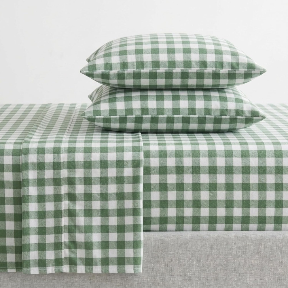 image:imageMartha Stewart Full Sheet Set with Fitted Sheet amp Pillowcases Cotton Percale Bedding with a Smooth Feel Deep Pocket Gingham BrownMadison Gingham Green