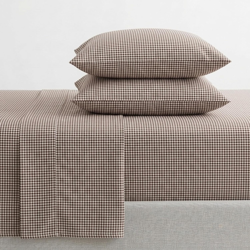 image:imageMartha Stewart Full Sheet Set with Fitted Sheet amp Pillowcases Cotton Percale Bedding with a Smooth Feel Deep Pocket Gingham BrownSmall Gingham Brown