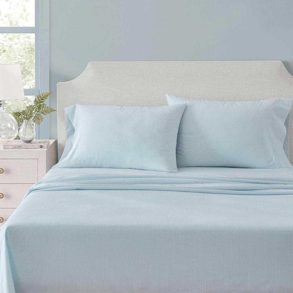 image:imageMartha Stewart Full Sheet Set with Fitted Sheet amp Pillowcases Cotton Percale Bedding with a Smooth Feel Deep Pocket Gingham BrownStripe Blue