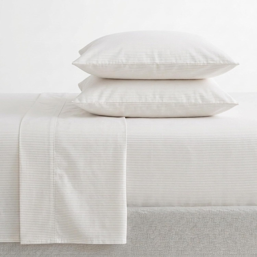 image:imageMartha Stewart Full Sheet Set with Fitted Sheet amp Pillowcases Cotton Percale Bedding with a Smooth Feel Deep Pocket Gingham BrownStripe White