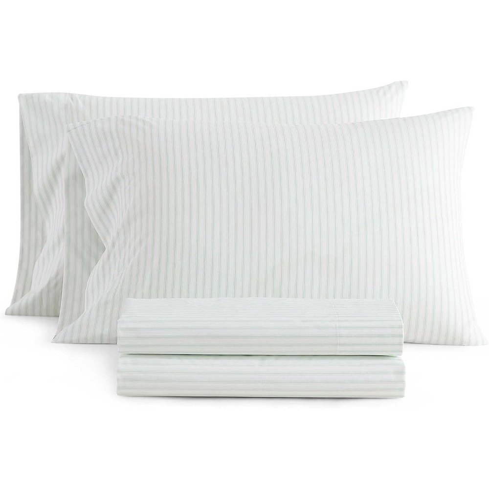 image:imageMartha Stewart Full Sheet Set with Fitted Sheet amp Pillowcases Cotton Percale Bedding with a Smooth Feel Deep Pocket Gingham BrownTicking Stripe Green