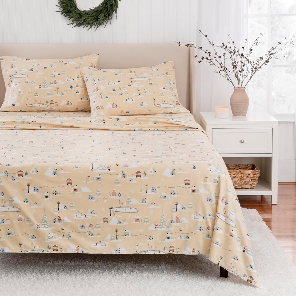 image:imageMartha Stewart  Full Sheet Set with Fitted Sheet amp Pillowcases Soft Cotton Flannel Bedding Deep Pocket Ticking Stripe BlueHoliday Winter Wonderland  Santa Claus