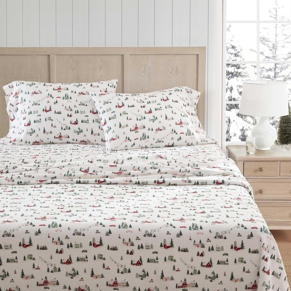 image:imageMartha Stewart Full Sheet Set with Fitted Sheet amp Pillowcases Soft Cotton Flannel Bedding Deep Pocket Ticking Stripe BlueSki Village Green