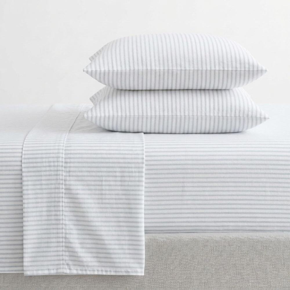 image:imageMartha Stewart Full Sheet Set with Fitted Sheet amp Pillowcases Soft Cotton Flannel Bedding Deep Pocket Ticking Stripe BlueTicking Stripe Blue