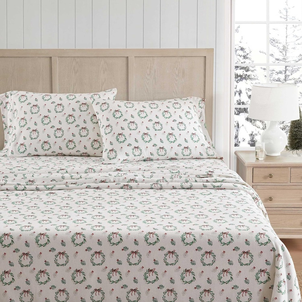 image:imageMartha Stewart Full Sheet Set with Fitted Sheet amp Pillowcases Soft Cotton Flannel Bedding Deep Pocket Ticking Stripe BlueWreaths Mistletoe Green