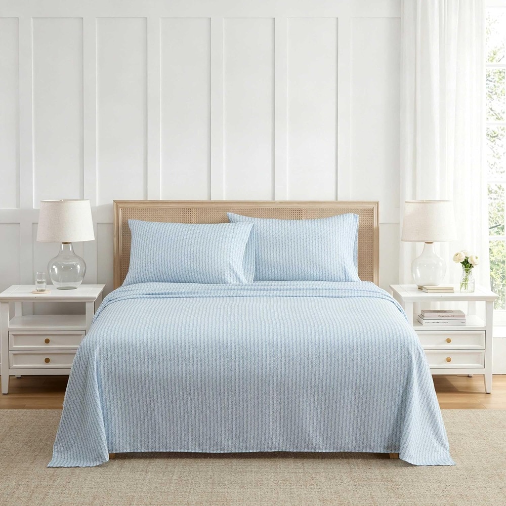 image:imageMartha Stewart Full Sheet Set with Fitted Sheet amp Pillowcases Soft amp Lightweight Bedding Deep Pocket Blooming Stripe BlueBlooming Stripe Blue
