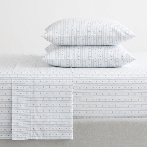 Martha Stewart – Full Sheet Set with Fitted Sheet & Pillowcases, Cotton Percale Bedding with a Smooth Feel, Deep Pocket, Gingham Brown(Floral Stripe Blue)