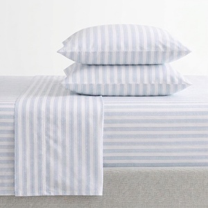 Martha Stewart – Full Sheet Set with Fitted Sheet & Pillowcases, Cotton Percale Bedding with a Smooth Feel, Deep Pocket, Gingham Brown(Leaf Stripe Blue)