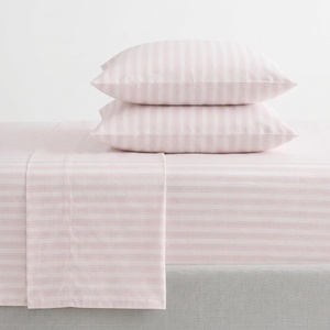 Martha Stewart – Full Sheet Set with Fitted Sheet & Pillowcases, Cotton Percale Bedding with a Smooth Feel, Deep Pocket, Gingham Brown(Leaf Stripe Pink)