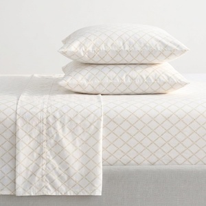 Martha Stewart – Full Sheet Set with Fitted Sheet & Pillowcases, Cotton Percale Bedding with a Smooth Feel, Deep Pocket, Gingham Brown(Leaf Trellis Beige)