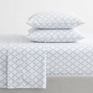 Martha Stewart – Full Sheet Set with Fitted Sheet & Pillowcases, Cotton Percale Bedding with a Smooth Feel, Deep Pocket, Gingham Brown(Leaf Trellis Blue)