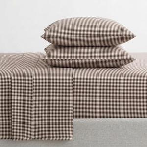 Martha Stewart – Full Sheet Set with Fitted Sheet & Pillowcases, Cotton Percale Bedding with a Smooth Feel, Deep Pocket, Gingham Brown(Small Gingham Brown)