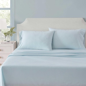 Martha Stewart – Full Sheet Set with Fitted Sheet & Pillowcases, Cotton Percale Bedding with a Smooth Feel, Deep Pocket, Gingham Brown(Stripe Blue)